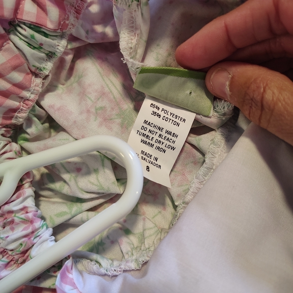 Classic Whimsy Pink Green Gingham Floral Dress Size 8 Preppy Pastel Ditsy Ruffle - Picture 8 of 9